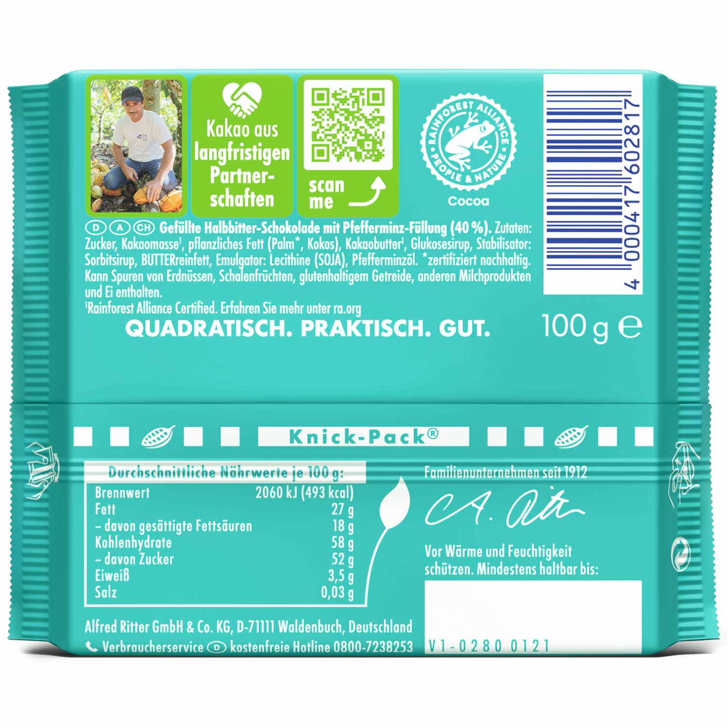 Ritter Sport Pfefferminz 100g Dunkle Halbbitter-Schokolade mit Pfefferminz-Füllung - Candyshop.ch