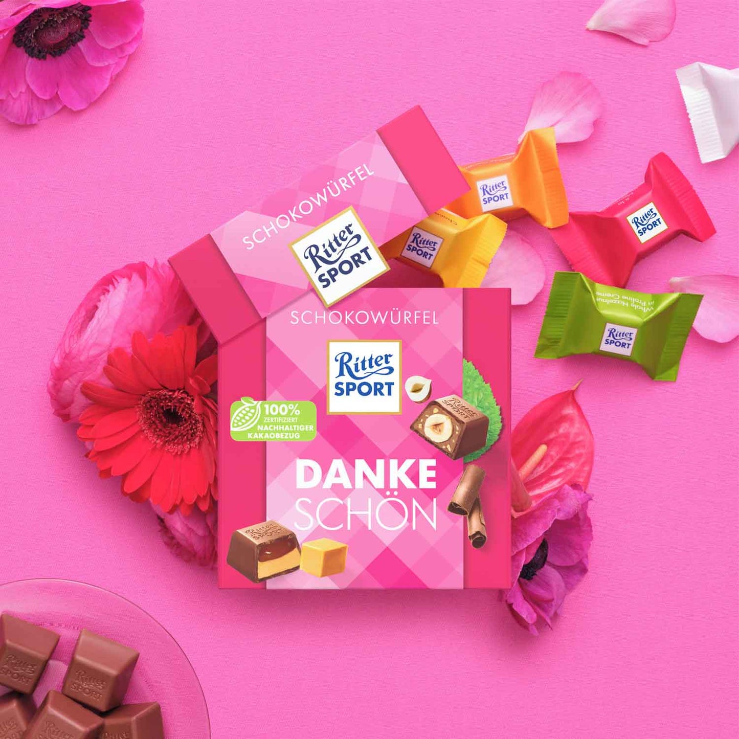 Ritter Sport Schokowürfel Dankeschön 22er Geschenkverpackung mit gefüllter Schokolade