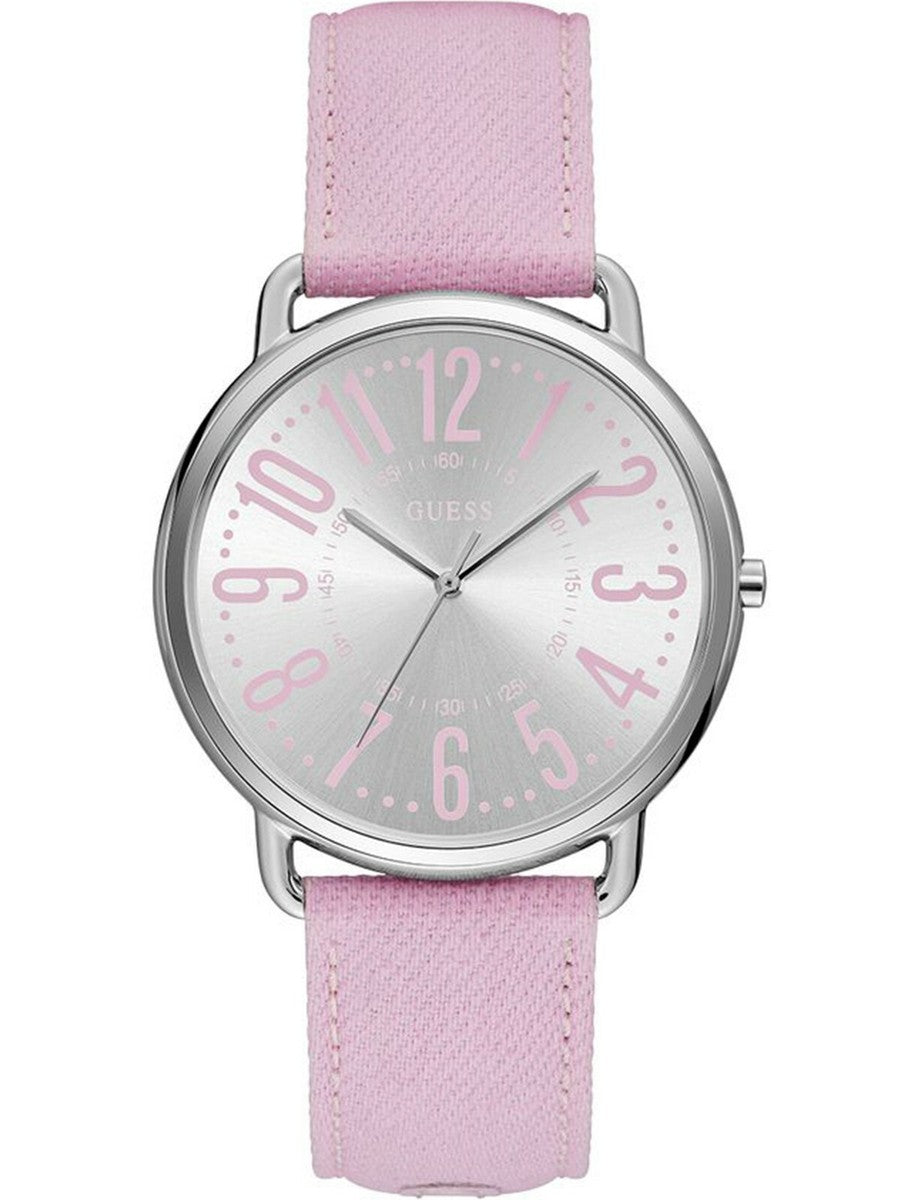 GUESS Damen Armbanduhr W1068L8 – Quarz Uhr mit rosa Textilarmband & silbernem Zifferblatt