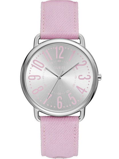 GUESS Damen Armbanduhr W1068L8 – Quarz Uhr mit rosa Textilarmband & silbernem Zifferblatt