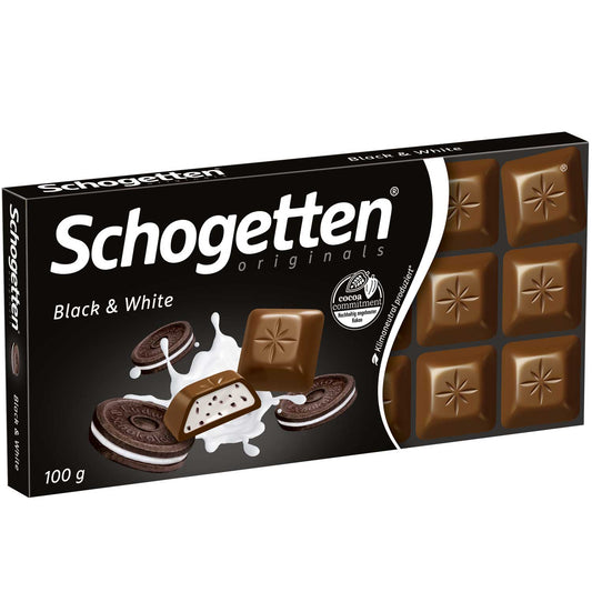 Schogetten Black & White 100g Alpenvollmilchschokolade mit Vanillecremefüllung und Kakaokeksstückchen