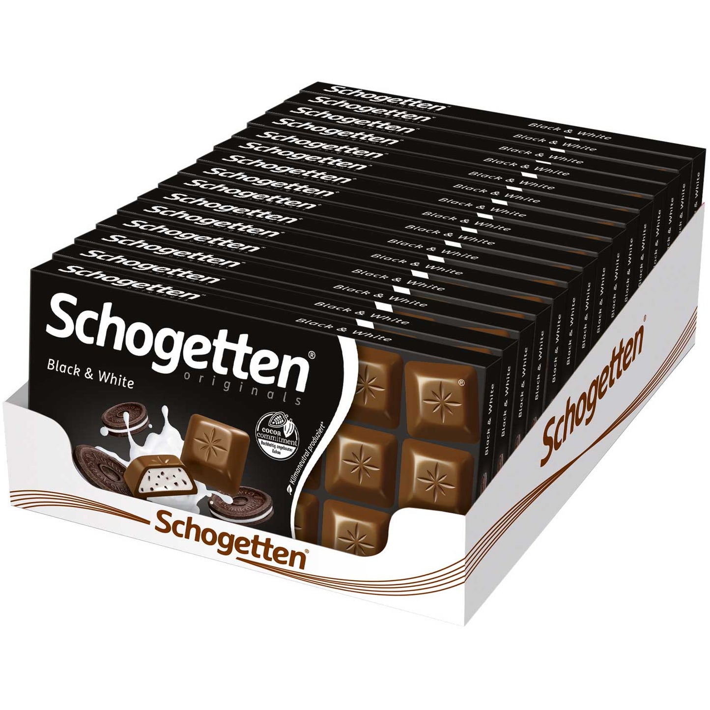 Schogetten Black & White 100g Alpenvollmilchschokolade mit Vanillecremefüllung und Kakaokeksstückchen