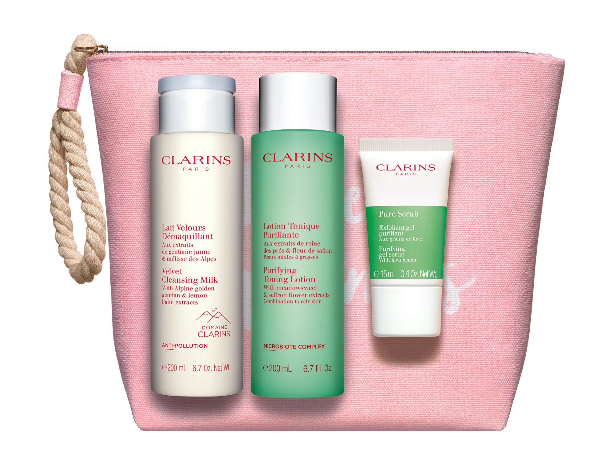 Clarins Hautpflegeset Set Clarins: Pure, Exfoliating Scrub, 15 ml + Velourse, Anti-Pollution, Cleansing Milk, For Face, 200 m