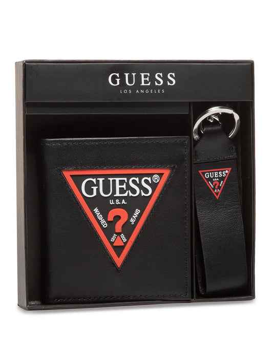 Guess GWP Kartonbox Set Guess: Guess, Leather Keyring, Black + Daelon, Leather Wallet, Small Billfold, Red/Black, For Men Reg