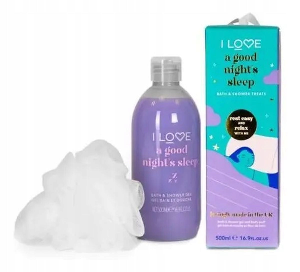 I Love I Love Set A Good Night's Sleep Duschgel 500 ml und Body Sponge für alle Hauttypen