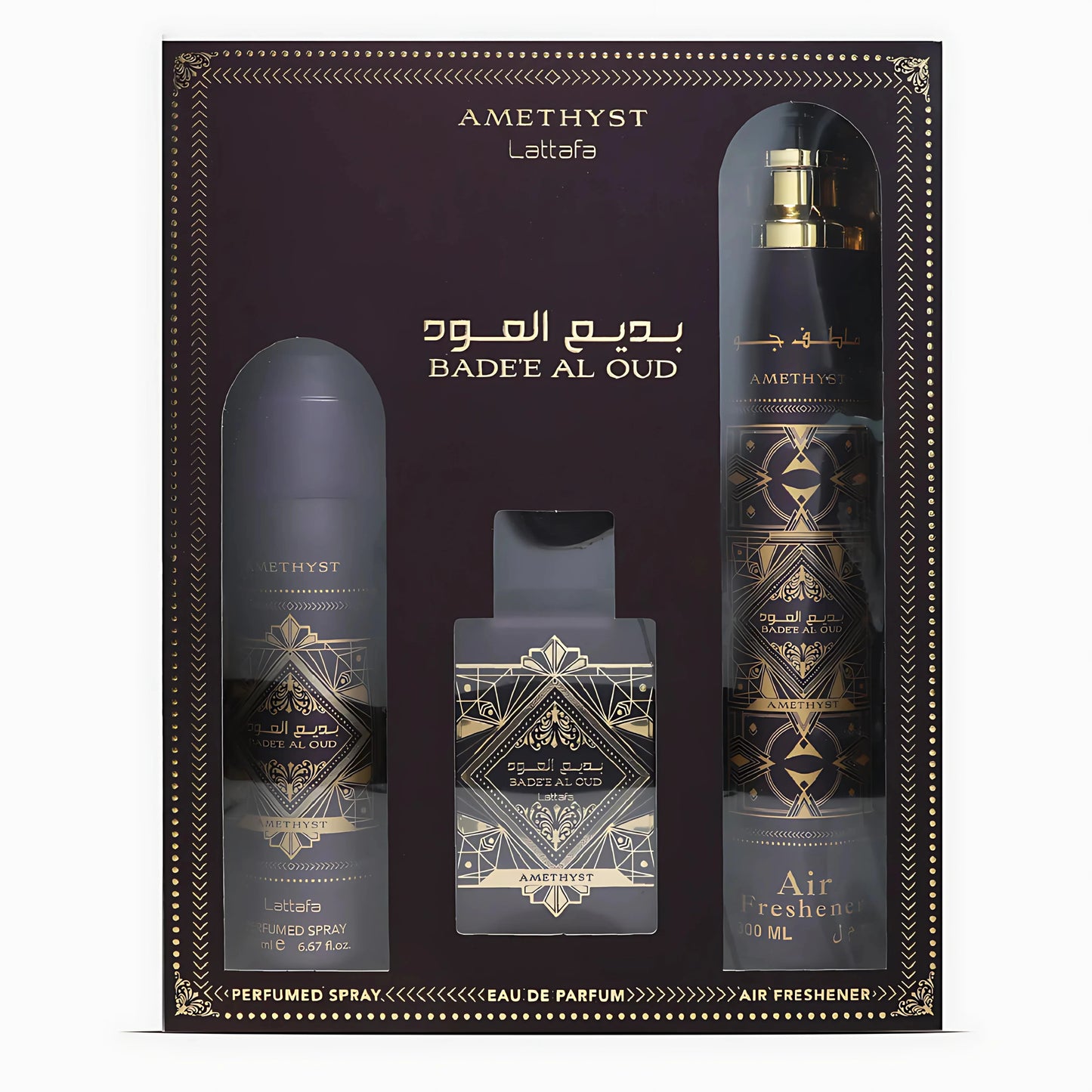 Lattafa Bade'e al Oud Amethyst Duftset für Damen – Eau De Parfum, Body & Room Spray