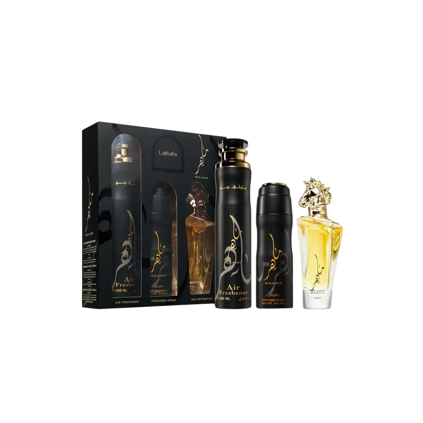 Lattafa Parfümset Set Lattafa: Maahir, Eau De Parfum, Unisex, 100 ml + Maahir, Scented Spray, Unisex, 200 ml + Maahir, Room S