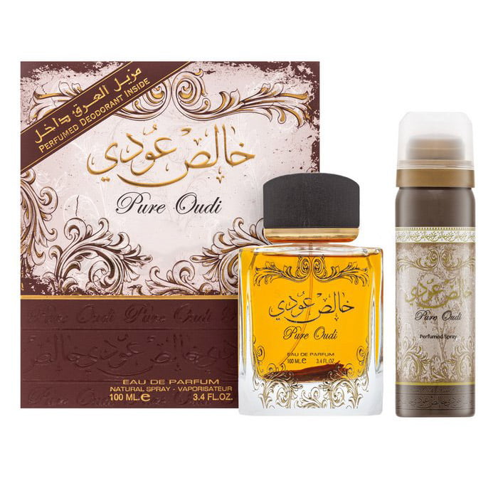 Lattafa Parfümset Set Lattafa: Pure Oudi, Eau De Parfum, Unisex, 100 ml + Pure Oudi, Anti-Perspirant, Deodorant Spray, Unisex
