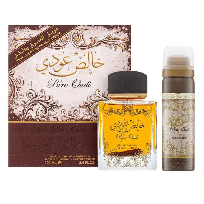 Lattafa Parfümset Set Lattafa: Pure Oudi, Eau De Parfum, Unisex, 100 ml + Pure Oudi, Anti-Perspirant, Deodorant Spray, Unisex