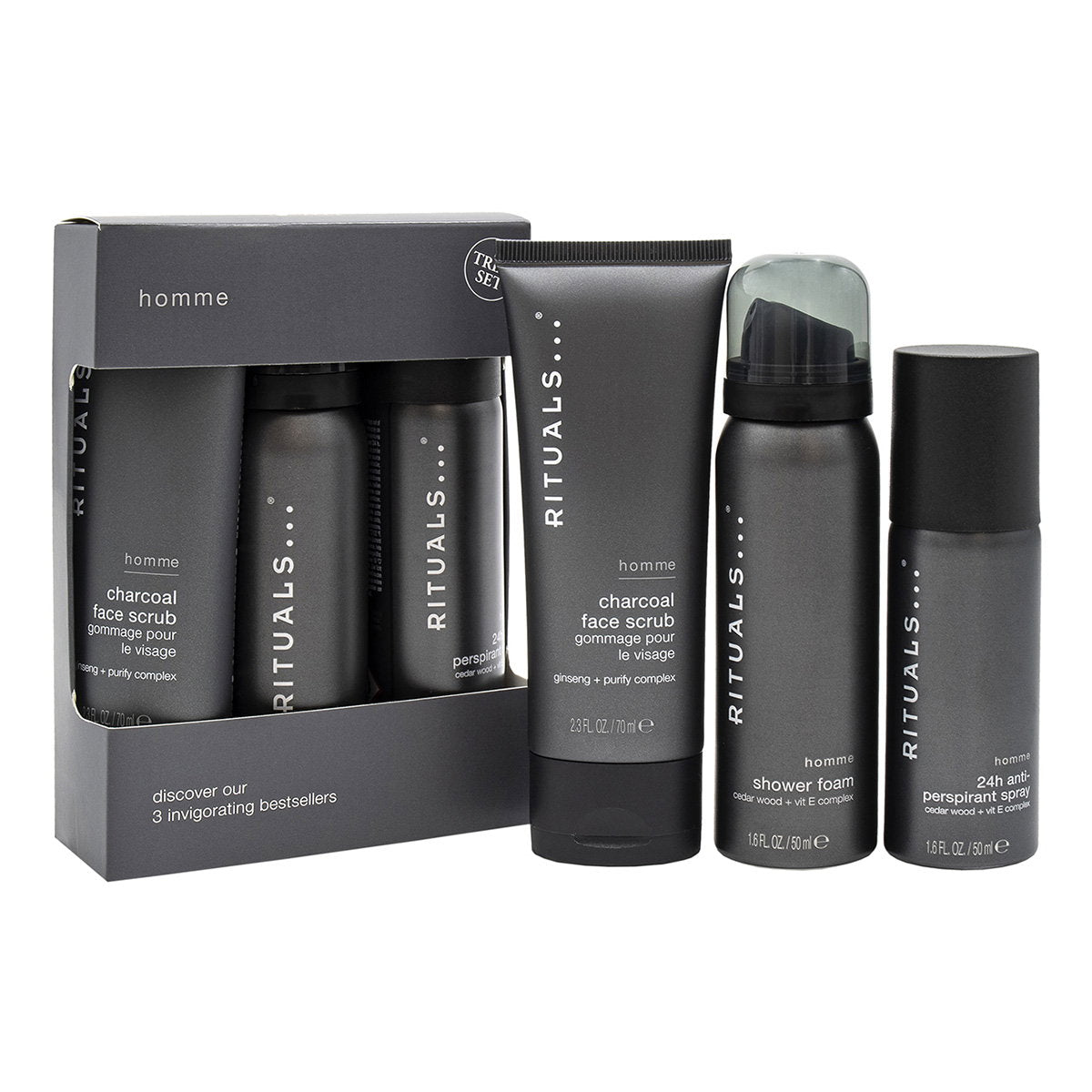 Rituals Körperpflegeset Set Rituals: Homme, Charcoal, Eliminates Impurities, Cleansing Scrub, For Face, 70 g + Homme, 24h Pro