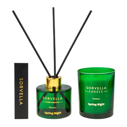 Sorvella Körperpflegeset Set Sorvella: Spring Night, Floral & Woody, Scented Candle, 170 g + Spring Night, Stick, Aroma Reed 