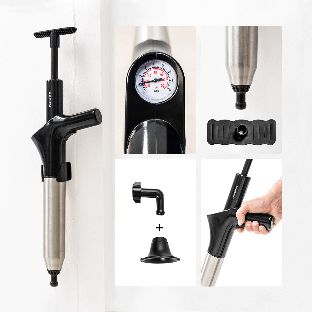 Hochdruck-Druckluftpömpel Jetpro mit 5-in-1-Manometer und Zubehör