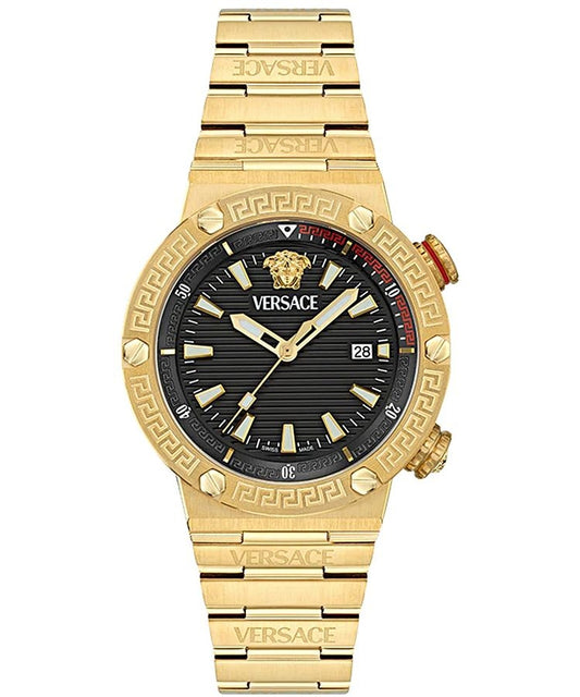 VERSACE GRECA LOGO 3H Herren Quarzuhr mit Datum aus Edelstahl mit SS IP Gold 43 mm VE8G00624 – Produktansicht