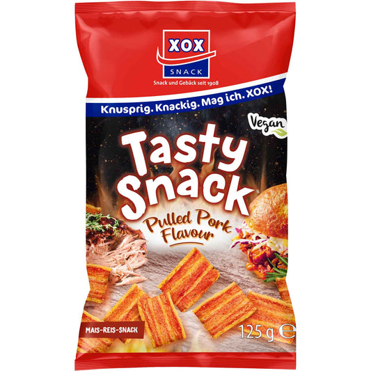 XOX Tasty Snack Pulled Pork Style 125g Mais-Reis-Snack mit gewürztem Schweinefleisch-Geschmack. - Candyshop.ch