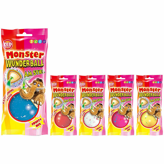 ZED Candy Monster Wunderball am Stiel Fruity Mix 60g  XXL-Lolli mit Kaugummi-Kern und Fruchtgeschmack mit Kaugummi-Kern