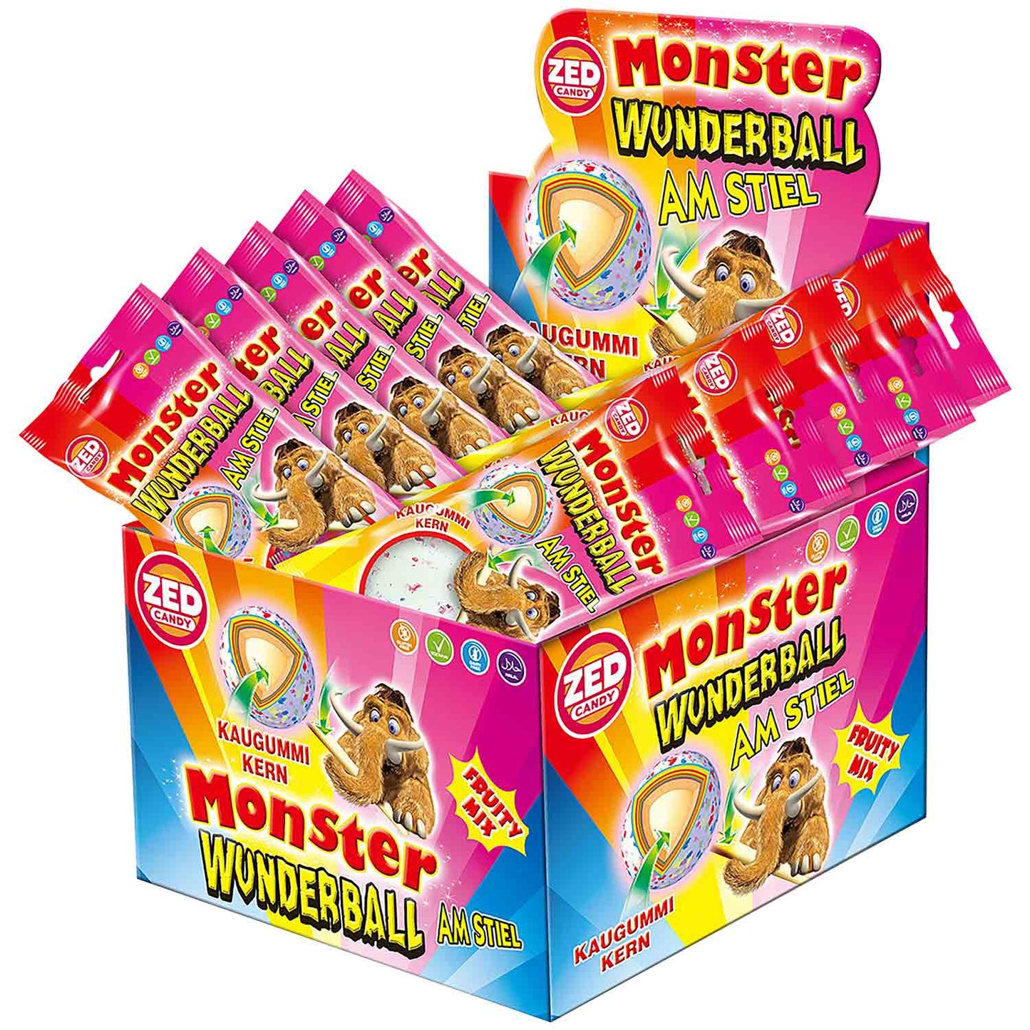 ZED Candy Monster Wunderball am Stiel Fruity Mix 60g  XXL-Lolli mit Kaugummi-Kern und Fruchtgeschmack mit Kaugummi-Kern
